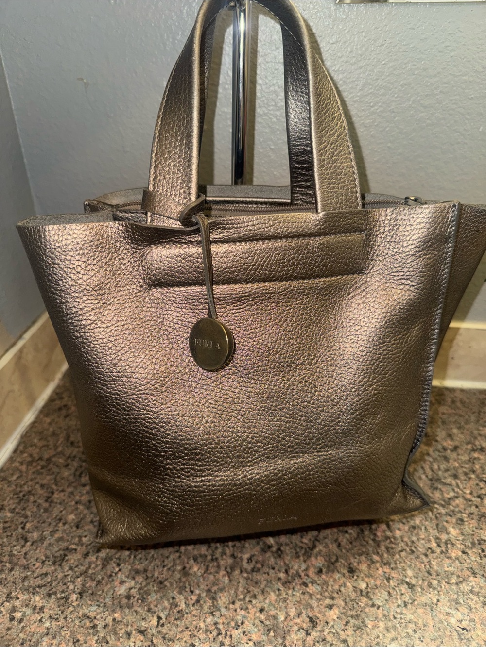 Furla "Divide It" Small Metallic Bronze Pebbled Leather Tote Bag with Charm